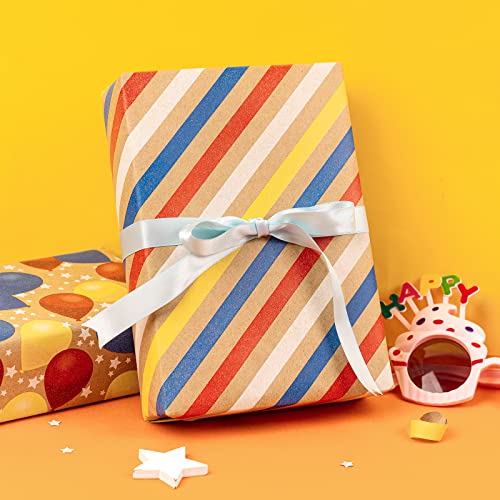 LeZakaa Birthday Kraft Wrapping Paper Roll - Mini Roll - Balloon, Dot and Stripe Design - 17 x 120 inches, 3 Rolls (42.5 sq.ft.ttl.)