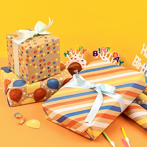 LeZakaa Birthday Kraft Wrapping Paper Roll - Mini Roll - Balloon, Dot and Stripe Design - 17 x 120 inches, 3 Rolls (42.5 sq.ft.ttl.)