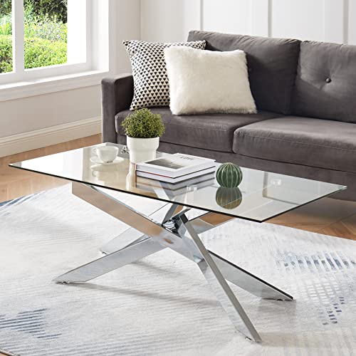 Rectangle Modern Coffee Table, Tempered Glass Top and Metal Tubular Leg, 47.3”Lx23.6”Wx18.1”H, Silver