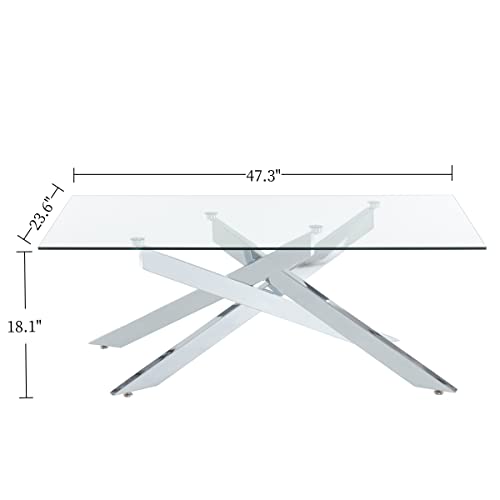 Rectangle Modern Coffee Table, Tempered Glass Top and Metal Tubular Leg, 47.3”Lx23.6”Wx18.1”H, Silver