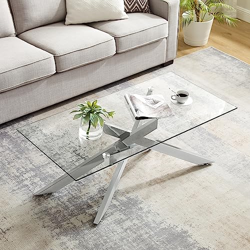 Rectangle Modern Coffee Table, Tempered Glass Top and Metal Tubular Leg, 47.3”Lx23.6”Wx18.1”H, Silver