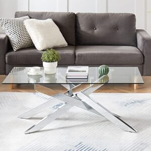 Rectangle Modern Coffee Table, Tempered Glass Top and Metal Tubular Leg, 47.3”Lx23.6”Wx18.1”H, Silver