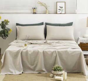tumei bedding 100% linen sheets california king, 4pcs linen sheets set cal king soft durable deep pocket fitted sheet & flat sheet & 2 pillowcases, natural linen california king size