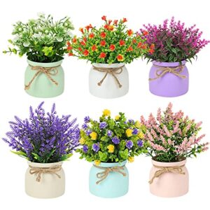 cewor 6pcs fake potted plants small faux plants indoor artificial flowers outdoor in macaron pot, desk plants for home indoor bathroom kitchen shelf office decor
