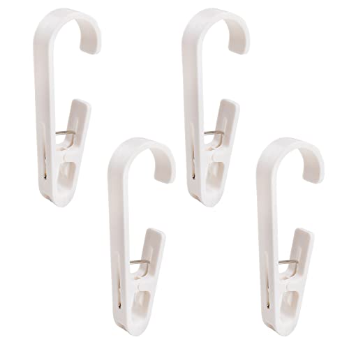 4Pcs Laundry Hooks with Clips, Plastic Large Laundry Hooks, Curtain Hooks with Clips, Portable Clothes Sock Pins Drying Clips, Hanger Closet Organizer Clamps for Home Kitchen Travel Outdoor (White)