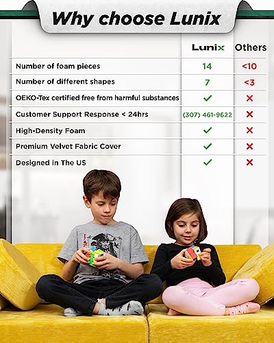 Lunix LX15 14pcs Modular Kids Play Couch, Child Sectional Sofa, Fortplay Bedroom and Playroom Furniture for Toddlers, Convertible Foam and Floor Cushion for Boys and Girls, Yellow