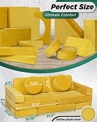 Lunix LX15 14pcs Modular Kids Play Couch, Child Sectional Sofa, Fortplay Bedroom and Playroom Furniture for Toddlers, Convertible Foam and Floor Cushion for Boys and Girls, Yellow