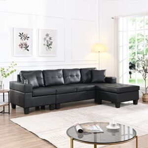 emkk black sectional sofa with 2 pillows modern modular l shaped convertible corner armrest storage right chaise longue, upholstered sofá bed for living room and apartment