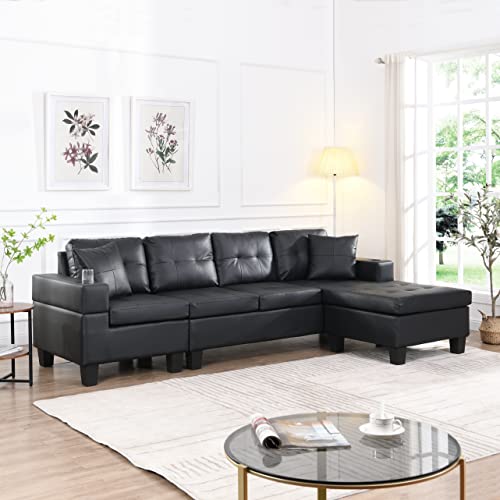 EMKK Black Sectional Sofa with 2 Pillows Modern Modular L Shaped Convertible Corner Armrest Storage Right Chaise Longue, Upholstered Sofá Bed for Living Room and Apartment