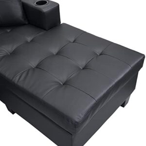 EMKK Black Sectional Sofa with 2 Pillows Modern Modular L Shaped Convertible Corner Armrest Storage Right Chaise Longue, Upholstered Sofá Bed for Living Room and Apartment