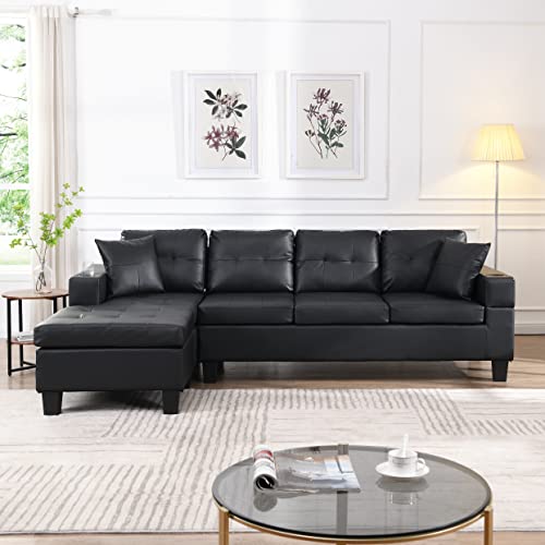 EMKK Black Sectional Sofa with 2 Pillows Modern Modular L Shaped Convertible Corner Armrest Storage Right Chaise Longue, Upholstered Sofá Bed for Living Room and Apartment