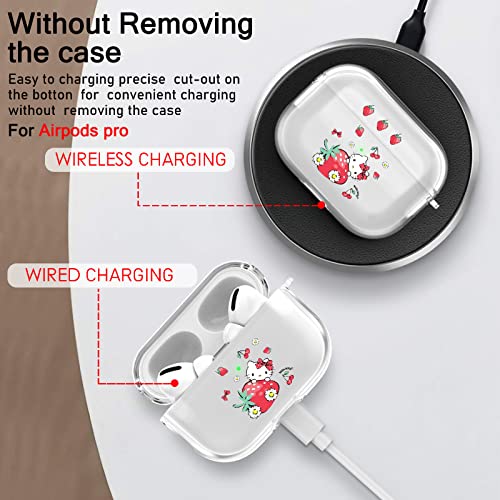 Cute Strawberry Cat Airpods case for AirPods Pro Cartoon Air Pod Pro Cover Clear with Funny Kawaii Anime Keychain for Women Girls Kids Protective Soft Silicone Cover for AirPod Pro (2019)