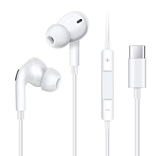 XNMOA USB C Earbuds with Mic,HiFi Stereo Type C Headphones for iPhone 15,Noise Canceling Type C Earphones for Samsung Galaxy S23,S22, S21,iPad and Most USB C Devices with Type C Plug Port,White