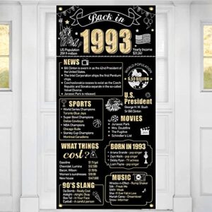 30th birthday decorations back in 1993 door banner for men women, black gold happy 30 birthday door cover backdrop party supplies, thirty 1993 bday photo background sign decor for outdoor indoor