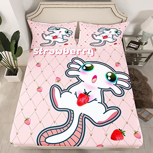 Erosebridal Kawaii Axolotl Beding Set Full Decor Sea Wildlife Bed Sheets Cute Rainbow Fitted Sheet for Girls Boys Bedroom Animal Pet Theme Sheets Colorful Galaxy Bed Cover 3pcs (No Top/Flat Sheet)