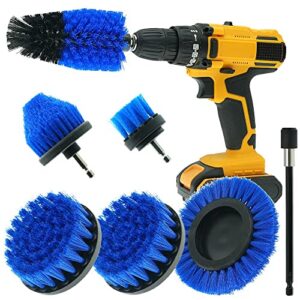 cleafou 7 pcs drill brush attachment set with extend attachment all purpose power scrubber brush cleaning kit for bathroom surfaces, grout, floor, tub, shower, tile, kitchen and car, blue