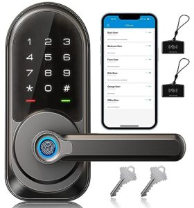 veise smart lock, keyless entry door lock with handle, fingerprint 7-in-1 locks for front door, electronic digital keypad, app control, set, matte black
