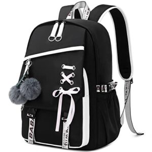 FENGDONG Teenage Girls Bookbag School Backpack Children Casual Daypack Schoolbag for Teens Black White