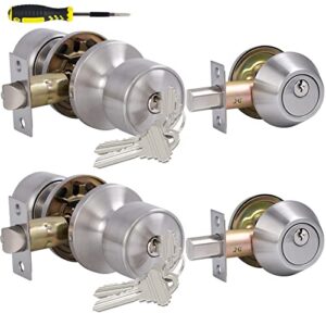 lanwandeng 2 sets keyed alike entry door knobs and single cylinder deadbolt lock combo set security for entrance and front door, all keyed same door lock with classic satin nickel finish