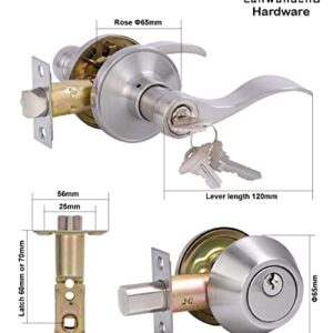 Keyed Alike Front Door Lever Lockset with Single Cylinder Deadbolt Combination Set, Exterior Door Knob with Lock and Deadbolt, Satin Nickel Finished, 2Sets