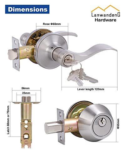 Keyed Alike Front Door Lever Lockset with Single Cylinder Deadbolt Combination Set, Exterior Door Knob with Lock and Deadbolt, Satin Nickel Finished, 2Sets