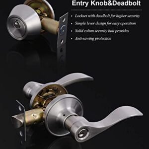 Keyed Alike Front Door Lever Lockset with Single Cylinder Deadbolt Combination Set, Exterior Door Knob with Lock and Deadbolt, Satin Nickel Finished, 2Sets