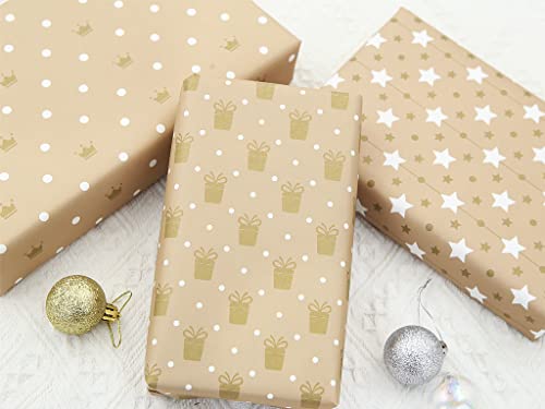 Elegant Gift Birthday Princess Wrapping Paper For Mom Dad Boys Girls Friends, 20x28" Per Sheet(6 sheets:23 sq.ft.ttl.) in 3 Designs Include Classic Patterns Like Polka Dots Crown Gift Package Stars For Wedding Bridal Shower Engagements Birthday Christmas