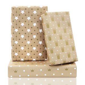 elegant gift birthday princess wrapping paper for mom dad boys girls friends, 20x28" per sheet(6 sheets:23 sq.ft.ttl.) in 3 designs include classic patterns like polka dots crown gift package stars for wedding bridal shower engagements birthday christmas