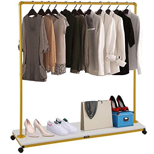 VEVOR Clothing Garment Rack, 59.1" x 14.2"x 63.0", Heavy-duty Clothes Rack w/Bottom Shelf, 4 Swivel Casters, Sturdy Steel Frame, Rolling Clothes Organizer for Laundry Room Retail Store Boutique, Gold