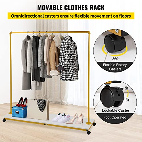 VEVOR Clothing Garment Rack, 59.1" x 14.2"x 63.0", Heavy-duty Clothes Rack w/Bottom Shelf, 4 Swivel Casters, Sturdy Steel Frame, Rolling Clothes Organizer for Laundry Room Retail Store Boutique, Gold