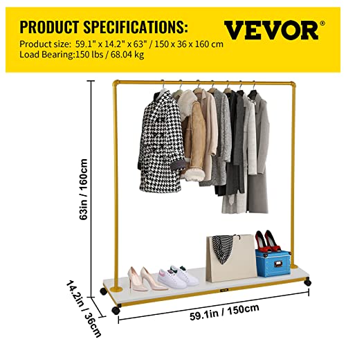 VEVOR Clothing Garment Rack, 59.1" x 14.2"x 63.0", Heavy-duty Clothes Rack w/Bottom Shelf, 4 Swivel Casters, Sturdy Steel Frame, Rolling Clothes Organizer for Laundry Room Retail Store Boutique, Gold