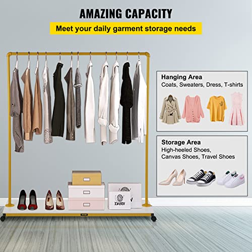 VEVOR Clothing Garment Rack, 59.1" x 14.2"x 63.0", Heavy-duty Clothes Rack w/Bottom Shelf, 4 Swivel Casters, Sturdy Steel Frame, Rolling Clothes Organizer for Laundry Room Retail Store Boutique, Gold