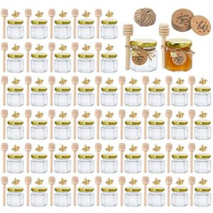 Yephets 48Pcs Honey Jars,Premium 1.5 oz Hexagon Mini Glass Jar with Wood Dipper Gold Lid Bee Pendant Jute Rope Small Containers Bottles for Jam Candies Baby Shower Wedding Party Favors