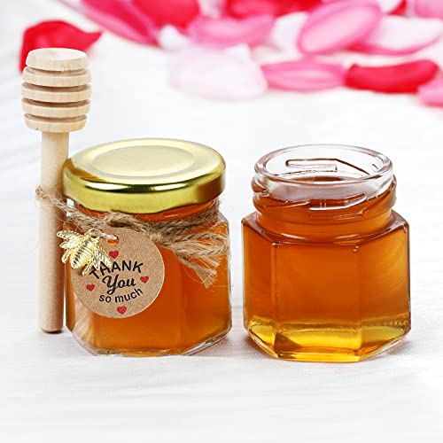 Yephets 48Pcs Honey Jars,Premium 1.5 oz Hexagon Mini Glass Jar with Wood Dipper Gold Lid Bee Pendant Jute Rope Small Containers Bottles for Jam Candies Baby Shower Wedding Party Favors