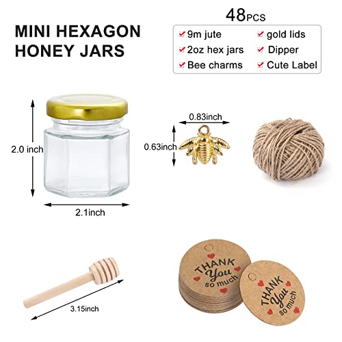 Yephets 48Pcs Honey Jars,Premium 1.5 oz Hexagon Mini Glass Jar with Wood Dipper Gold Lid Bee Pendant Jute Rope Small Containers Bottles for Jam Candies Baby Shower Wedding Party Favors