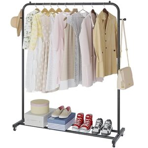 boeeoan garment rack, freestanding simple single pole clothes rack with wheels, coat rack, multi-functional rolling clothing storage rack with 2 hooks for bedroom, laundry room, living-room, black