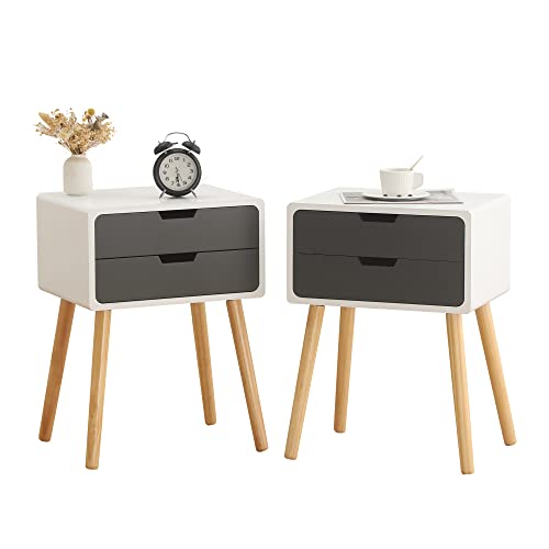 Mid Century Modern Nightstand Set of 2 Wood End Table Bedroom Bedside Table with 2 Drawers Solid Wood Feet Boho Grey Minimalist Clearance Nightstands Bed Side Tables Bedroom Grey and White