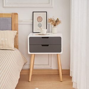 Mid Century Modern Nightstand Set of 2 Wood End Table Bedroom Bedside Table with 2 Drawers Solid Wood Feet Boho Grey Minimalist Clearance Nightstands Bed Side Tables Bedroom Grey and White