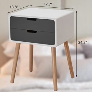 Mid Century Modern Nightstand Set of 2 Wood End Table Bedroom Bedside Table with 2 Drawers Solid Wood Feet Boho Grey Minimalist Clearance Nightstands Bed Side Tables Bedroom Grey and White