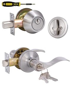 keyed alike front door lever lockset with single cylinder deadbolt combination set, exterior door knob with lock and deadbolt, satin nickel finished door lock