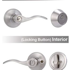 Keyed Alike Front Door Lever Lockset with Single Cylinder Deadbolt Combination Set, Exterior Door Knob with Lock and Deadbolt, Satin Nickel Finished Door Lock