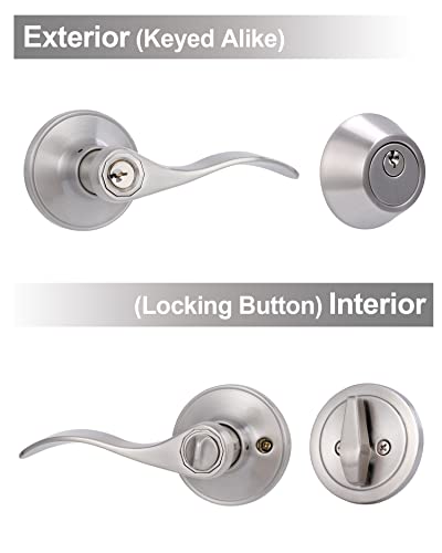 Keyed Alike Front Door Lever Lockset with Single Cylinder Deadbolt Combination Set, Exterior Door Knob with Lock and Deadbolt, Satin Nickel Finished Door Lock