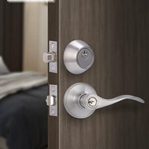 Keyed Alike Front Door Lever Lockset with Single Cylinder Deadbolt Combination Set, Exterior Door Knob with Lock and Deadbolt, Satin Nickel Finished Door Lock