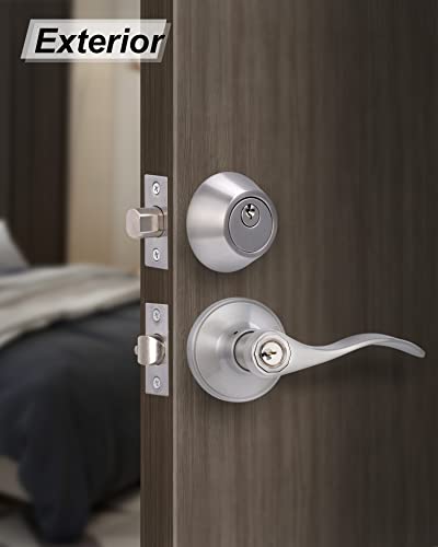 Keyed Alike Front Door Lever Lockset with Single Cylinder Deadbolt Combination Set, Exterior Door Knob with Lock and Deadbolt, Satin Nickel Finished Door Lock