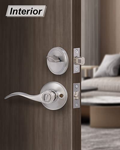 Keyed Alike Front Door Lever Lockset with Single Cylinder Deadbolt Combination Set, Exterior Door Knob with Lock and Deadbolt, Satin Nickel Finished Door Lock