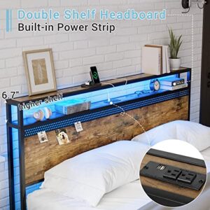 Tiptiper Bed Frame Full Size with Storage Drawers & LED Lights Headboard, Platform Bed Frame with Outlets & USB Ports, Noise-Free, No Box Spring Needed, Rustic Brown