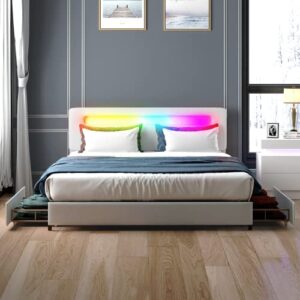 mixoy full size rgb led bed frame, platform bed frame with 4 storage drawers & headboard by app control, music sync color changing lights, compatible with alexa, no box spring needed(full, white)