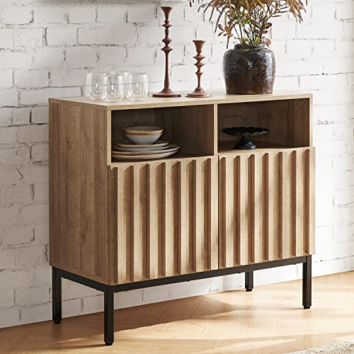 mopio Norwin Storage Cabinet, Modern Industrial Farmhouse Entryway Accent Buffet Cabinet, Sideboard, with Metal Legs, Storage Shelves, Fluted Panel Doors, & Leveler, for Living Room, Bedroom, Oak