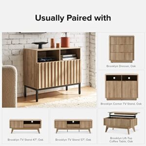 mopio Norwin Storage Cabinet, Modern Industrial Farmhouse Entryway Accent Buffet Cabinet, Sideboard, with Metal Legs, Storage Shelves, Fluted Panel Doors, & Leveler, for Living Room, Bedroom, Oak