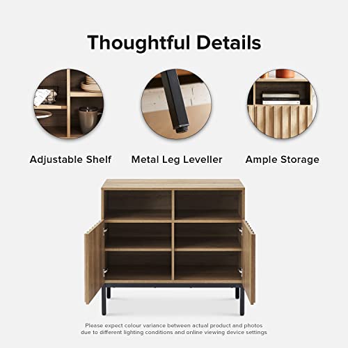 mopio Norwin Storage Cabinet, Modern Industrial Farmhouse Entryway Accent Buffet Cabinet, Sideboard, with Metal Legs, Storage Shelves, Fluted Panel Doors, & Leveler, for Living Room, Bedroom, Oak